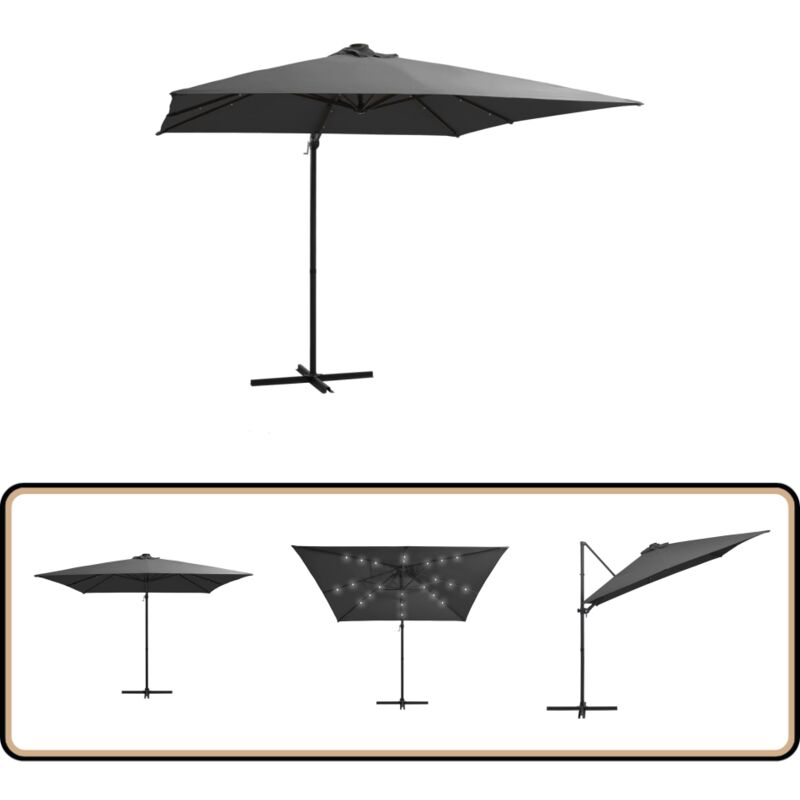 Parasol de jardin en porte-à-faux lumières led et mât en acier - Parasol Suspendu - Parasol Led - Parasol Exterieur - Parasol Rectangulaire - Parasol
