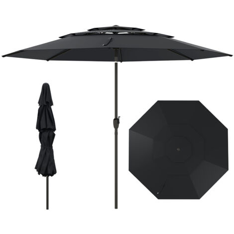 Parasol de Jardin Extérieur Ø 300 cm, Parasol Balcon à 3 Niveaux sans Pied, Inclinaison Réglable à Bouton-Poussoir, 8 Baleines, Noir