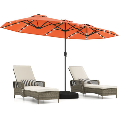 Parasol de Jardin Exterieur 4 x 2,1 M avec 36 LED Solaires, Grand Parasol Rectangulaire avec Manivelle, Base, Sacs de Sable et 12 Baleines, Orange