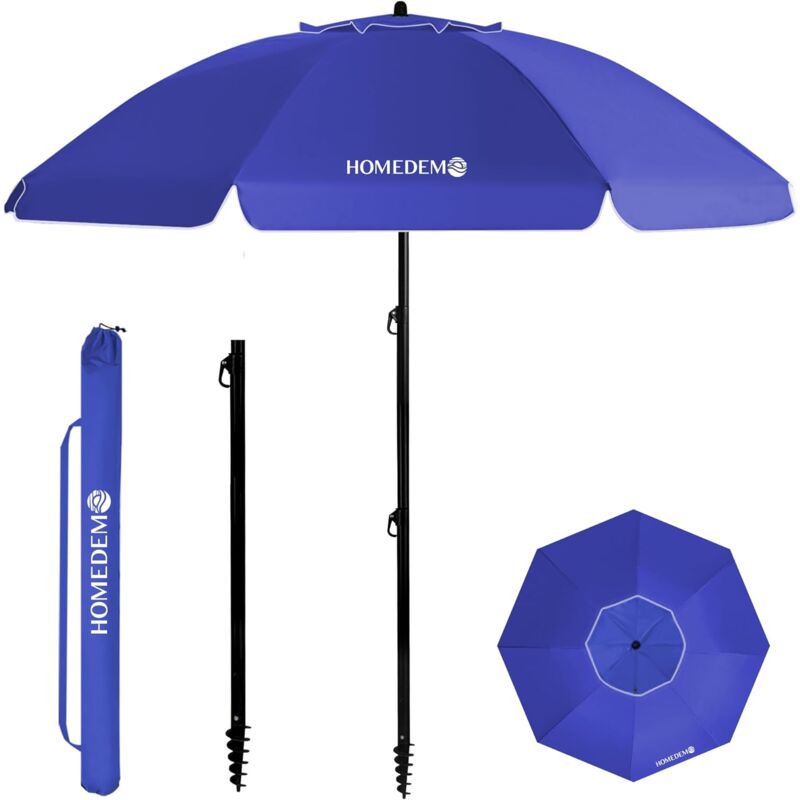 Parasol de Jardin Exterieur Inclinable, Parasol Plage Portable et Pliable, Protection Solaire UV50+, avec Pied d'Ancrage à Visser & Housse de