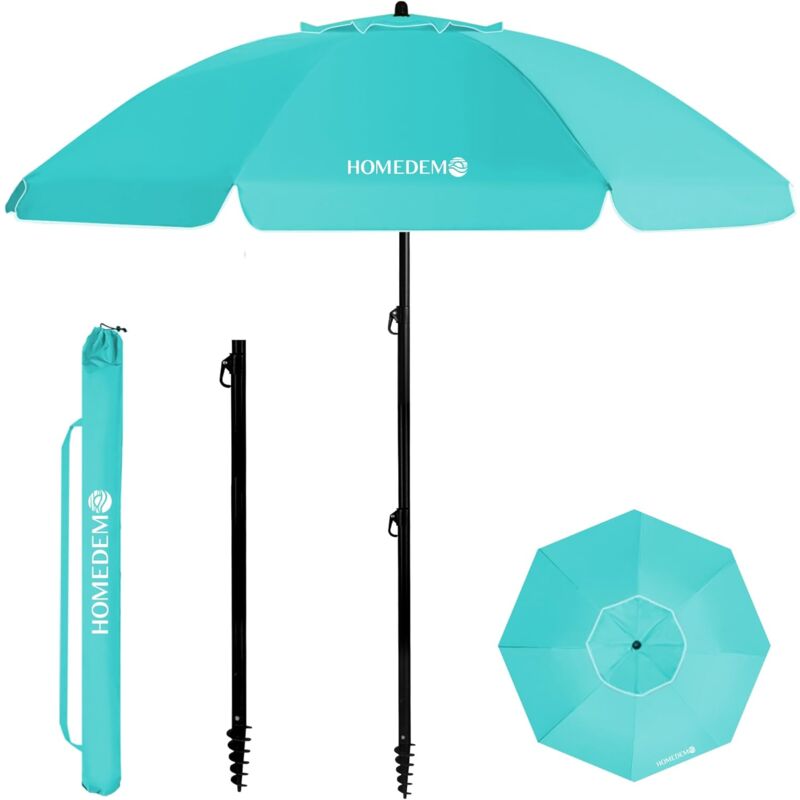 Parasol de Jardin Exterieur Inclinable, Parasol Plage Portable et Pliable, Protection Solaire UV50+, avec Pied d'Ancrage à Visser & Housse de