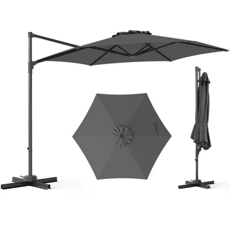 Parasol de Jardin Extérieur, Parasol Déporté Hexagonale avec Rotation 360° Réglable, Socle en Croix, Amovible, Protection Solaire, Gris
