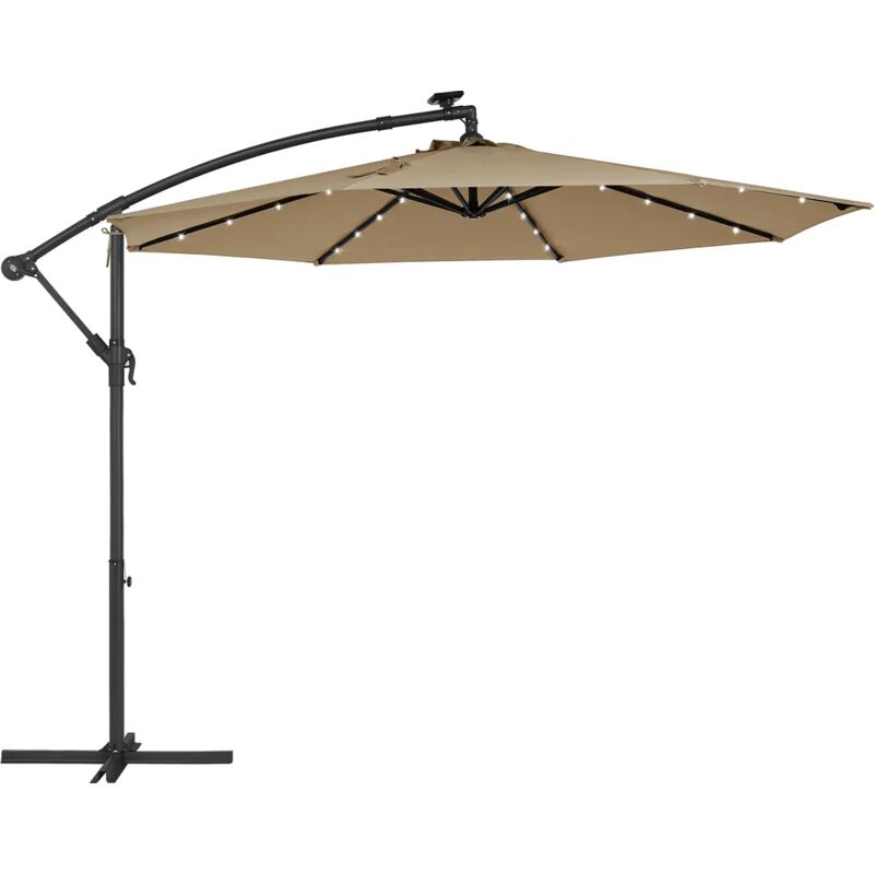 Parasol de Jardin Extérieur Déporté avec LED à Énergie Solaire, Ombrelle Ø 3 m, avec Base, Protection Solaire, avec Manivelle, UPF 50+, Terrasse,