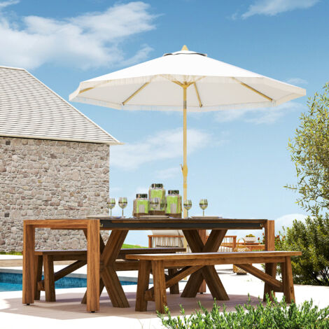Parasol de jardin inclinable parasol avec manivelle à franges style bohème 8 baleines Ø 265 x 244 cm blanc