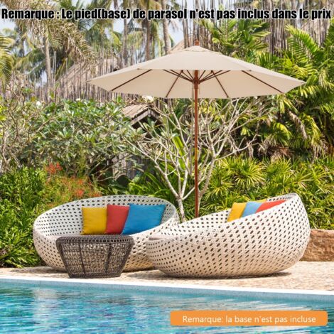 Parasol de Jardin Pliable 2,9M avec Mécanisme de Poulie à Corde Poteau en Bois 8 Baleines en Fibre de Verre pour Cour Beige
