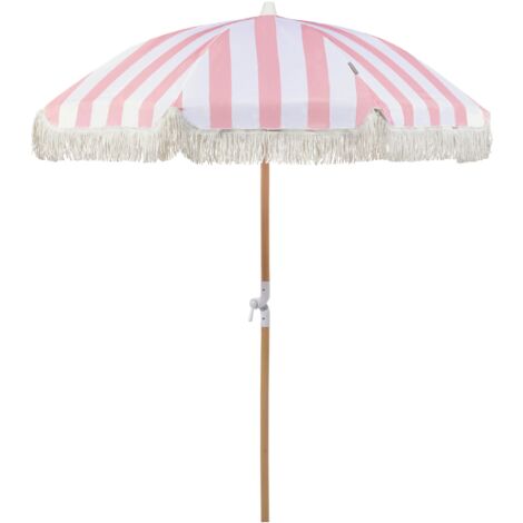 Parasol de Jardin Rétro ⌀ 150 cm Mât en Bois et Tissu Rose et Blanc Mondello - Rose