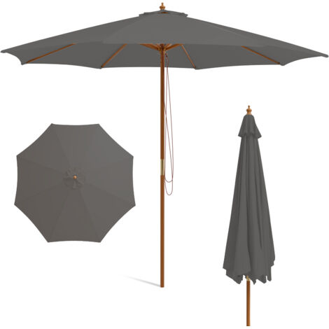 Parasol de Jardin Rond 3M en Bois, Parasol Droit avec 8 Baleines en Bambou, 3 Hauteurs Réglables, Mât Détachable et Toit Ventilé, Gris