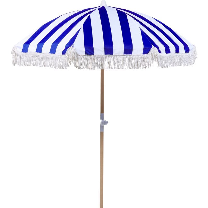 Parasol de Jardin Rétro ⌀ 150 cm Mât en Bois et Tissu Bleu et Blanc Mondello - Blanc
