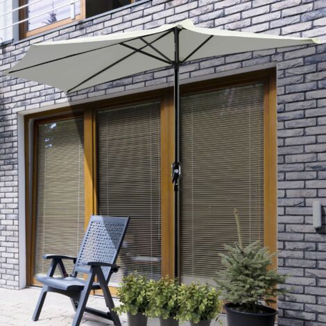Parasol de jardin semi-circulaire mural, 2,7 x 1,5 m, ouverture par manivelle. Blanc