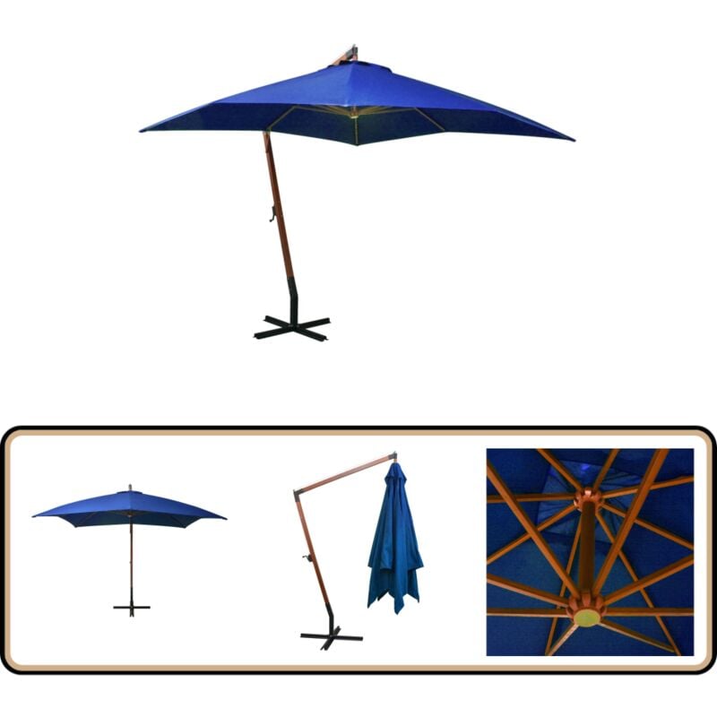 Parasol de jardin suspendu avec mât bleu azuré bois de sapin - Parasol De Jardin - Parasol Suspendu - Parasol Bois - Parasol Bleu - Ombrelle