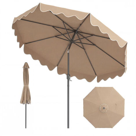 Parasol de Patio 270 cm avec Manivelle, Inclinaison par Bouton-Poussoir, Parasol de Marché à Double Toit avec Canopée Protectrice UV, 8 Côtes, Brun