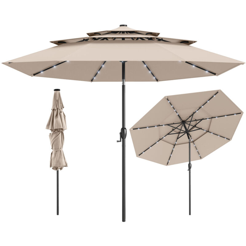 Costway - Parasol de Patio Solaire de 313 cm avec 32 Lumières led, Toit Aéré à 3 Niveaux, Réglage d'Inclinaison, Manivelle Facile, 8 Barres, Beige