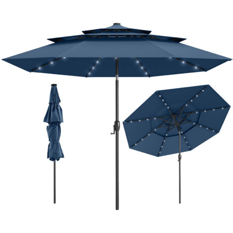 Parasol de Patio Solaire de 313 cm avec 32 Lumières LED, Toit Aéré à 3 Niveaux, Réglage d'Inclinaison, Manivelle Facile, 8 Barres, Bleu