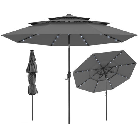 Parasol de Patio Solaire de 313 cm avec 32 Lumières LED, Toit Aéré à 3 Niveaux, Réglage d'Inclinaison, Manivelle Facile, 8 Barres, Gris