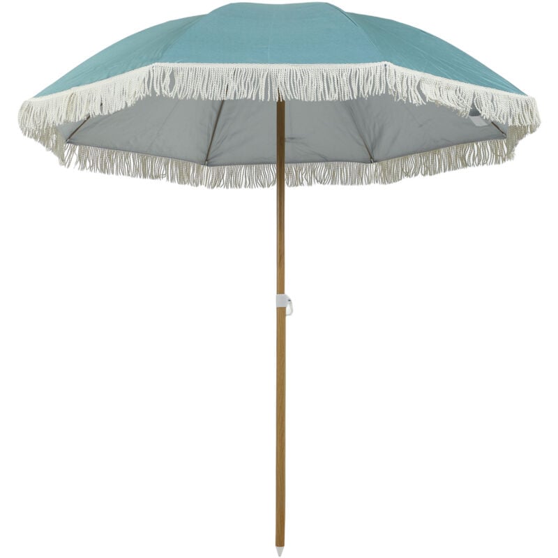 Parasol de plage design à franges dia. 1,7 m H. réglable mât effet bois tissu UPF50+ sac transport bleu