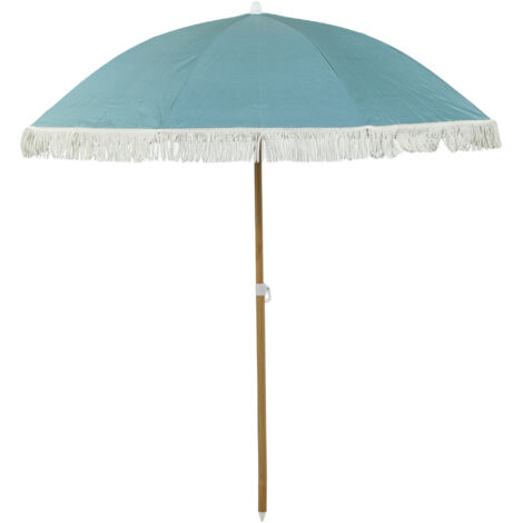 Parasol de plage franges bleu clair Ø1,7m mât imitation bois, hauteur réglable UPF50+, avec housse