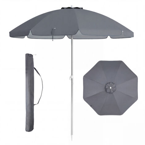 Parasol de Plage Inclinable ø178 cm Protection UV 50+ avec Bouton Poussoir et Sac de Transport, Gris