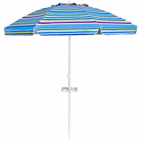 Parasol de plage inclinable 2,2 m avec porte-gobelet et protection solaire UPF50 + parasol portable bleu avec ligne violet - Bleu