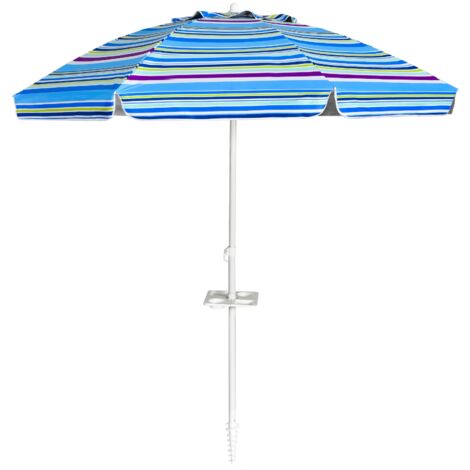 Parasol de Plage Inclinable 2,2 M avec Porte-Gobelet et Protection Solaire UPF50 + Parasol Portable Bleu avec Ligne Violet DESIGN IN