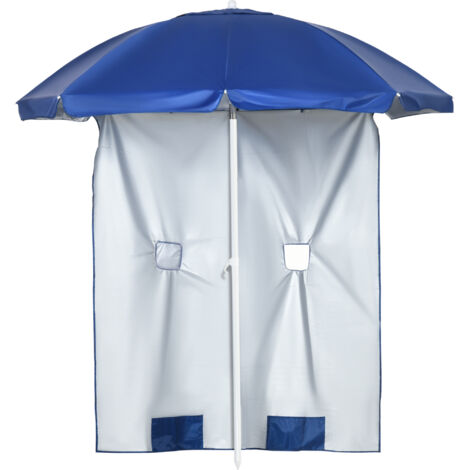Parasol de plage inclinable avec rideaux latéraux, en polyester et acier, Ø191x211 cm, bleu et blanc