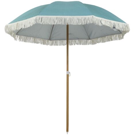 Parasol de plage mât effet bois Ø 1,7 m, grand parasol à franges hauteur réglable, UPF50+ sac de transport, bleu clair