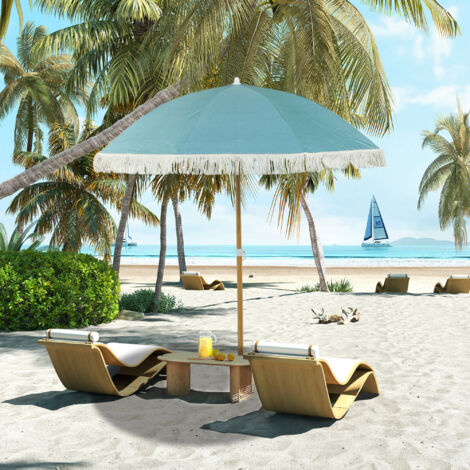 Parasol de plage mât effet bois Ø 1.7 m. grand parasol à franges hauteur réglable. UPF50+ sac de transport. bleu clair