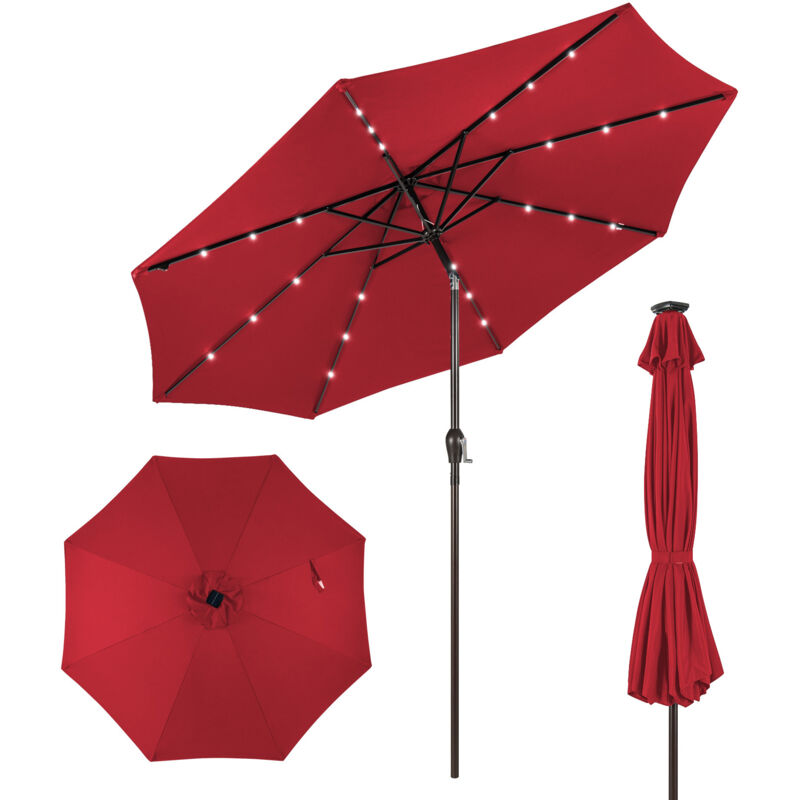 Costway - Parasol de Terrasse avec Lumières led Solaires Intégrées, Inclinable, Système de Levage à Manivelle, 8 Baleines Robustes, Rouge