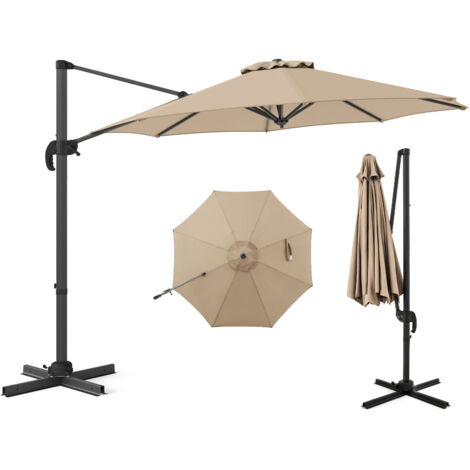 Parasol de Terrasse Rond 294 x 247 cm avec Rotation à 360°, Base en Forme de Croix, 5 Inclinaisons Réglables, 8 Baleines, Manivelle, Beige