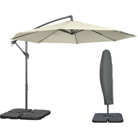 parasol déporté 292x247 cm 6 baleines manivelle base croix métal polyester beige terrasse jardin