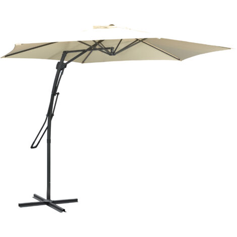 Parasol déporté Ø293 cm, parasol avec levier latéral et base en croix, anti-vent et hydrofuge, couleur crème