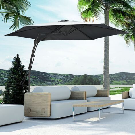 Parasol déporté Ø293 cm. pare-soleil avec levier latéral. base en croix. résistant au vent. déperlant. gris foncé