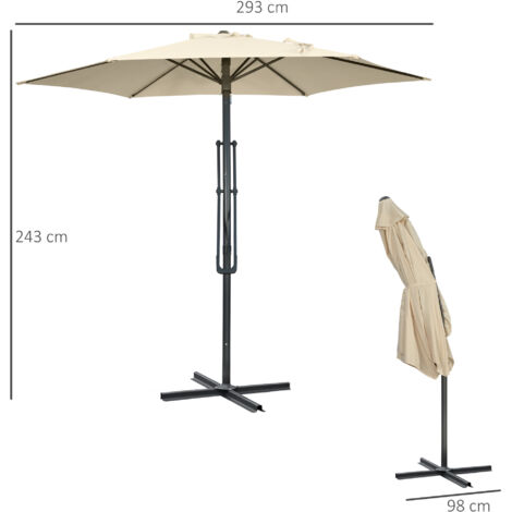 Parasol déporté Ø293 cm, pare-soleil avec levier latéral, pied en croix, résistant au vent, déperlant, blanc crème