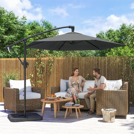 Parasol déporté 3 m avec pied en croix et dalles lestage. parasol de jardin extérieur avec manivelle. gris foncé