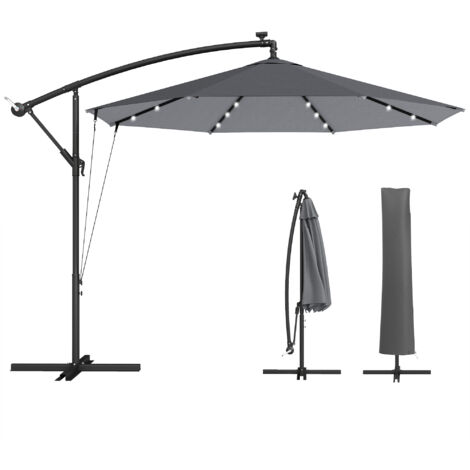 Parasol déporté 3 m LED solaire manivelle éclairage extérieur jardin terrasse anti-UV gris