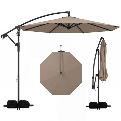Parasol Deporte Ø 3 M, Parasol de Jardin Exterieur à Manivelle avec Rotation à 360°, Pied, Sacs de Sable, 8 Baleines pour Patio, Plage, Marron