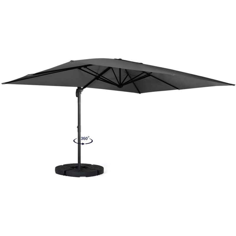Parasol déporté inclinable rotatif 360 calvi gris 3x4 m avec 4 dalles et housse