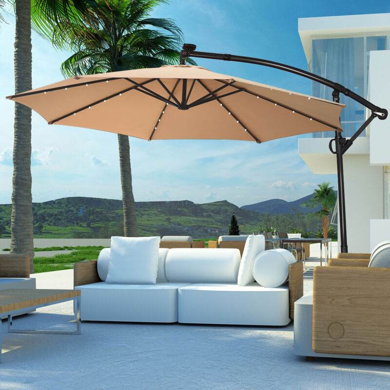 Design In - Parasol Déporté 3M 24 led Solaires Rotatif 360° Base Croisée Manivelle Beige CW23089