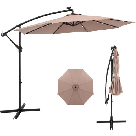 Parasol Déporté 3M Hexagonale, avec 40 LED Solaire, Inclinable, 8 Baleines en Métal, Base Croisée, Parasol à Manivelle, Marron