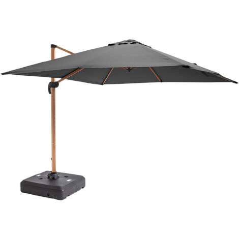 Parasol déporté 3x3m et dalle à lester sur roues effet bois gris