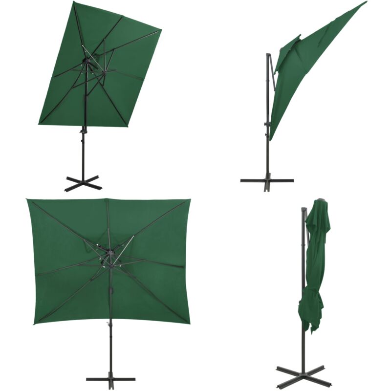 Parasol de jardin en porte-à-faux à double toit vert 250x250 cm - Parasol De Jardin - Parasol Rectangulaire - Parasol Double Toit - Parasol Vert
