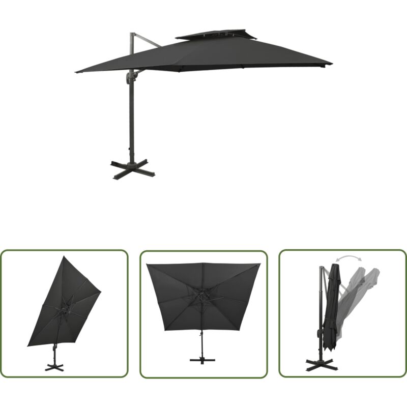 The Living Store Parasol de jardin en porte-à-faux avec double toit noir - Parasol De Jardin - Parasol Extérieur - Parasol Rectangulaire - Parasol