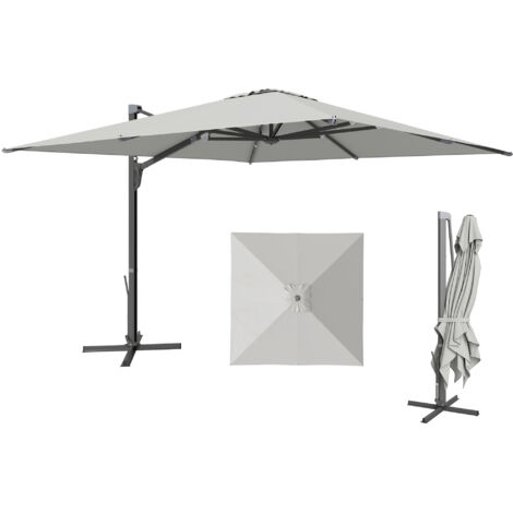 Parasol déporté avec manivelle et base en croix, en polyester, aluminium et métal, 365x297x256 cm, gris clair
