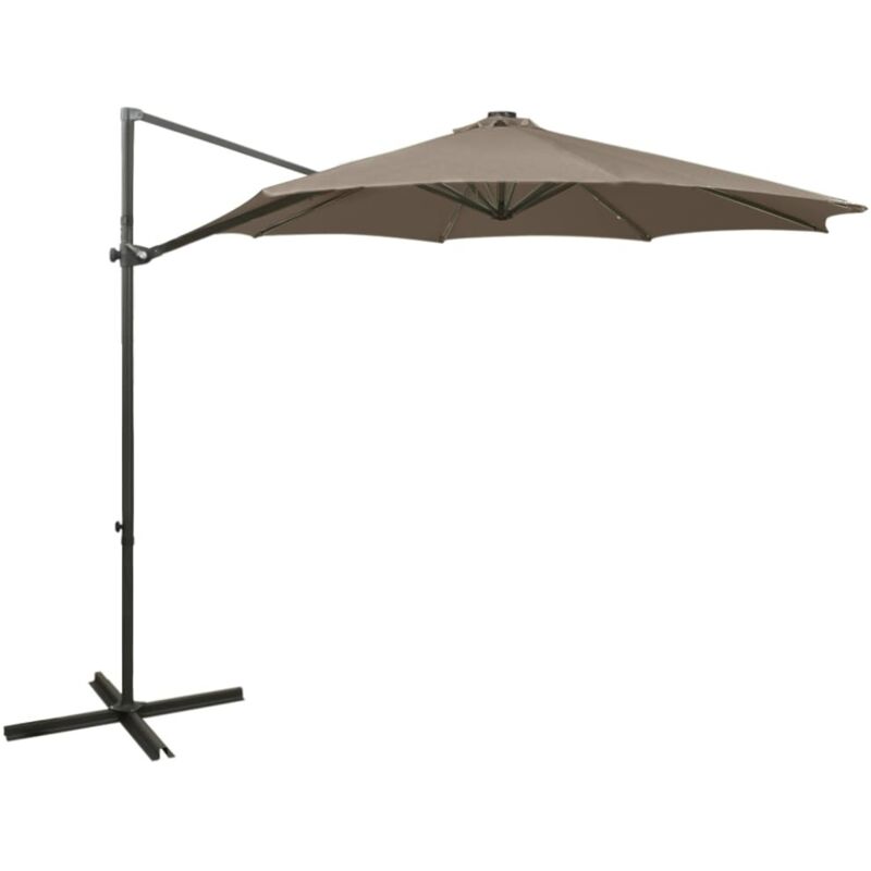 Parasol meuble de jardin déporté avec mât et lumières led 300 cm taupe
