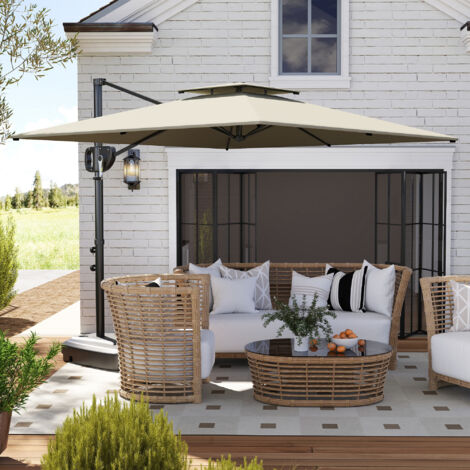 Parasol déporté carré 2.5 x 2.5 m. parasol de jardin extérieur avec manivelle. 2 bases incluses. 8 baleines. gris clair