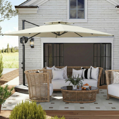 Parasol déporté carré 2.5 x 2.5 m. parasol de jardin extérieur. Double Toit. inclinable. 2 bases. manivelle. Crème