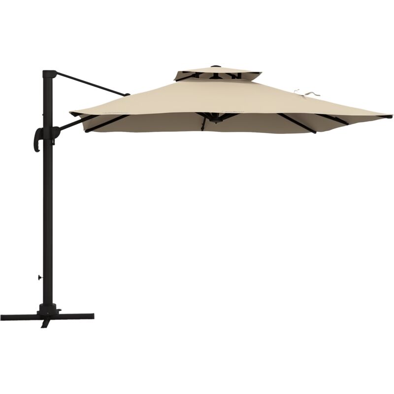 Outsunny - Parasol déporté carré 3 x 3 m - inclinable, pivotant - manivelle, piètement - alu toile haute densité 250 g/m² kaki