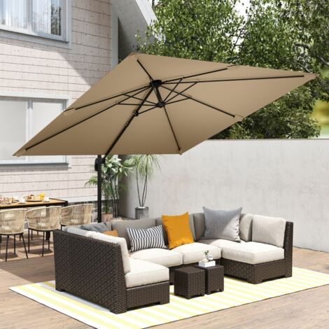 Parasol déporté carré 3 x 3 m, parasol de jardin extérieur, rotation 360°, inclinable 5 positions, base en croix, kaki