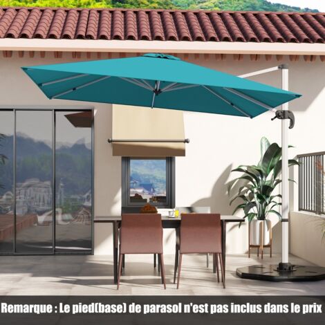 Parasol Déporté Carré 3M avec Base en Croix Poteau en Aluminium Rotatif à 360° Manivelle Inclinable 8 Baleines Bleu