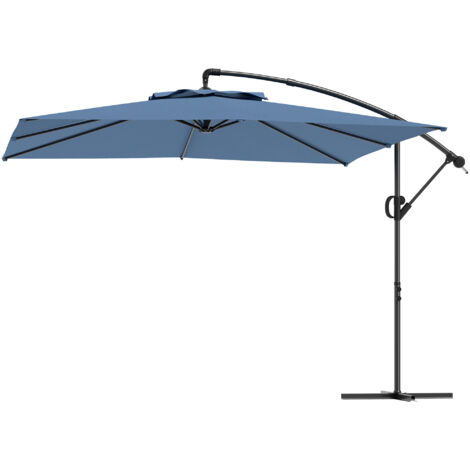 Parasol déporté carré 3x3 m avec manivelle, base croisée, inclinable et rotation 360°, toile bleue 180 g/m²