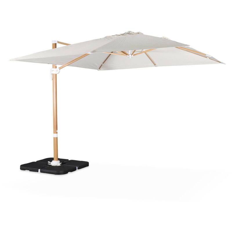 Sweeek - Parasol déporté carré ecru 3x3m structure effet bois + Lot de 4 dalles à lester 50x50cm